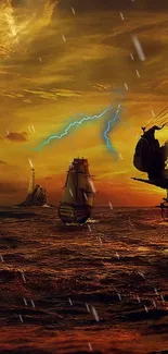 Historic ships sail under a stormy sunset with lightning.