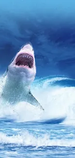 Great white shark leaps from the ocean toward a fisherman on a bright blue day.