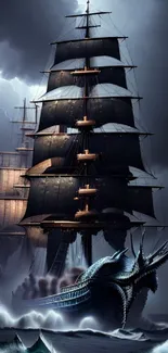 A dark, dramatic scene of a ship sailing through a stormy sea with lightning.