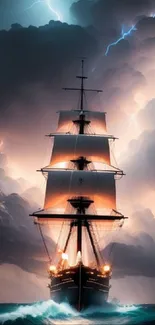 Majestic ship in storm with dramatic clouds and lightning.