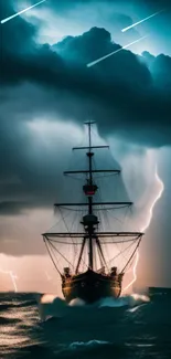 Ship sailing through a storm with vivid lightning and dark clouds.