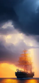 Dramatic ship sailing under a vibrant sunset sky with dark clouds.