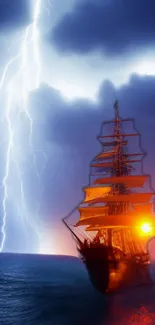 Tall ship sailing in ocean storm with lightning and sunset.