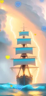 Historic ship sails through lightning storm on the ocean.