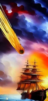 Dramatic scene of a ship against a vibrant, fiery sky with a streaking meteor.