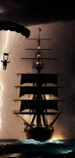 Silhouette of a ship and parachuter in a lightning storm at sea.