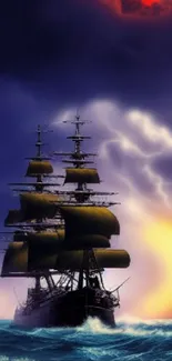 Majestic ship sailing under a dramatic sky and glowing eclipse wallpaper.