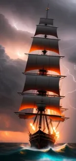 Ship sailing through stormy seas with lightning in the background.