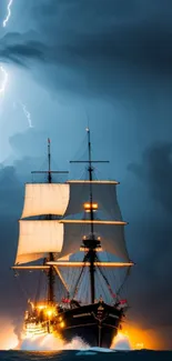 Mobile wallpaper of a tall ship under dramatic lightning in a stormy sea.