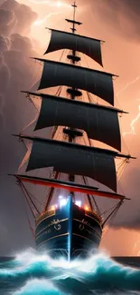 Ship sailing through a dramatic thunderstorm with lightning bolts.