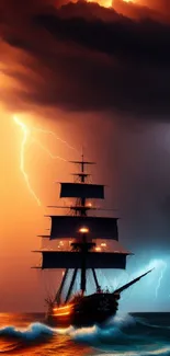 Ship sailing through a vibrant lightning storm on the ocean.