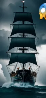 Majestic ship sailing through stormy seas with dark clouds, featuring an expressive emoji.