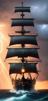 Tall ship sails through ocean storm with lightning in background.