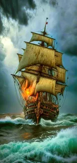 A majestic ship sails through a stormy sea under dark, dramatic clouds.