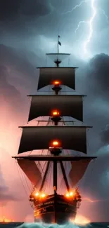 Dramatic ship sailing through a lightning storm.