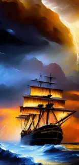 Dramatic scene of a ship sailing under stormy skies with vibrant lightning and waves.