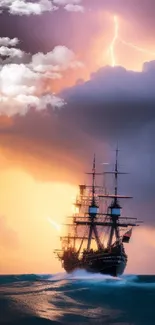 Majestic ship sails through stormy seas under a dramatic, lightning-filled sky.