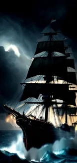 Majestic ship sails through stormy waters at night.