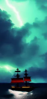 Majestic ship on stormy ocean with lightning and teal skies.