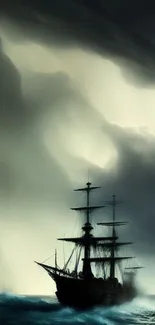 Dramatic ocean scene with ship against turbulent sky.