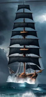 Dramatic ship sails through stormy ocean waves under dark skies.