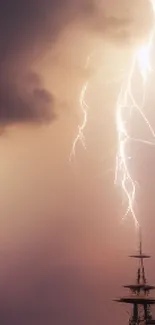 Majestic ship sails under stormy sky and lightning at sunset.