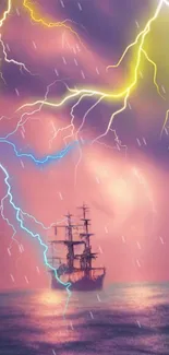 Ship sailing under a stormy sky with lightning and purple hues.