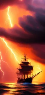 Ship sailing through a storm with lightning in the ocean.