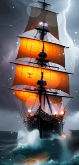 Dramatic ship sailing in a storm with glowing orange sails under a dark sky.