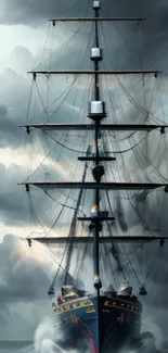 Majestic ship sailing through stormy seas under dramatic skies, captured in wallpaper.