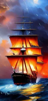 Dramatic painting of a ship on a stormy sea with fiery red and orange sails.