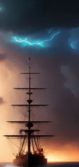 Silhouette of a ship amidst a stormy sea with lightning overhead.