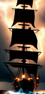 Majestic ship with sails at sea in a stormy night scene.