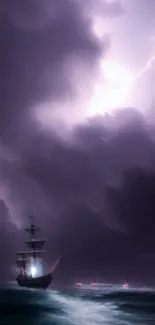 A ship sailing under a stormy sky with dramatic lightning over a dark sea.