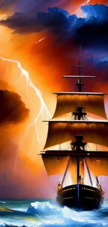 Dramatic ship at sea with lightning and vibrant colors.