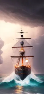 Majestic ship navigates stormy seas under dark clouds.