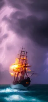 Fiery ship battles waves under stormy purple skies.