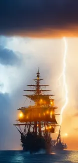 Majestic ship sailing under stormy sky with lightning bolt.