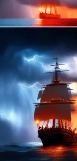 Dramatic ship sailing through a vivid storm with lightning and colorful sky.