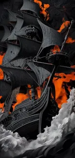 Dramatic ship with fiery backdrop.