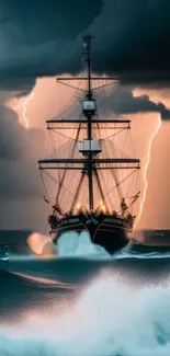 Tall ship navigates stormy seas under lightning-filled skies.