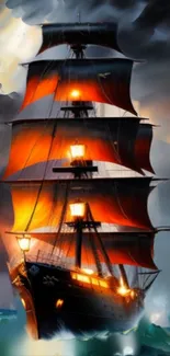 Fiery ship sailing through a stormy sea, illuminated by dramatic lighting.