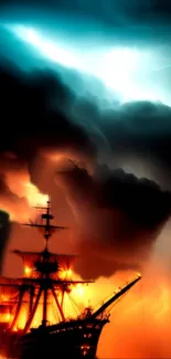 Silhouette of a ship with fiery sky and storm clouds in the background.