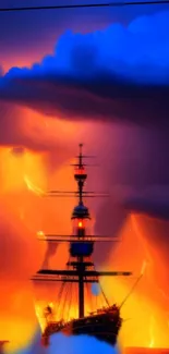 Silhouette of a ship against a vibrant, fiery sky with dramatic clouds and colors.