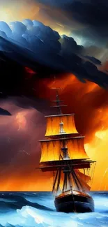 Orange sail ship against a stormy, fiery sky.