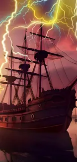 Majestic ship braving a lightning storm at sea.