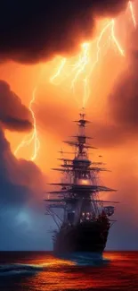 Silhouette of a ship during a vivid lightning storm at sea.