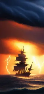 Sailing ship in a vibrant lightning storm over ocean waves at sunset.