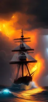 Epic ship battling lightning in a vivid orange stormy ocean.