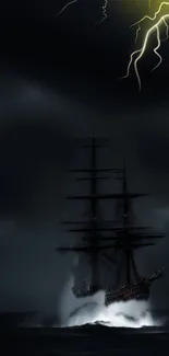 Spooky ship in stormy ocean with lightning flashing.